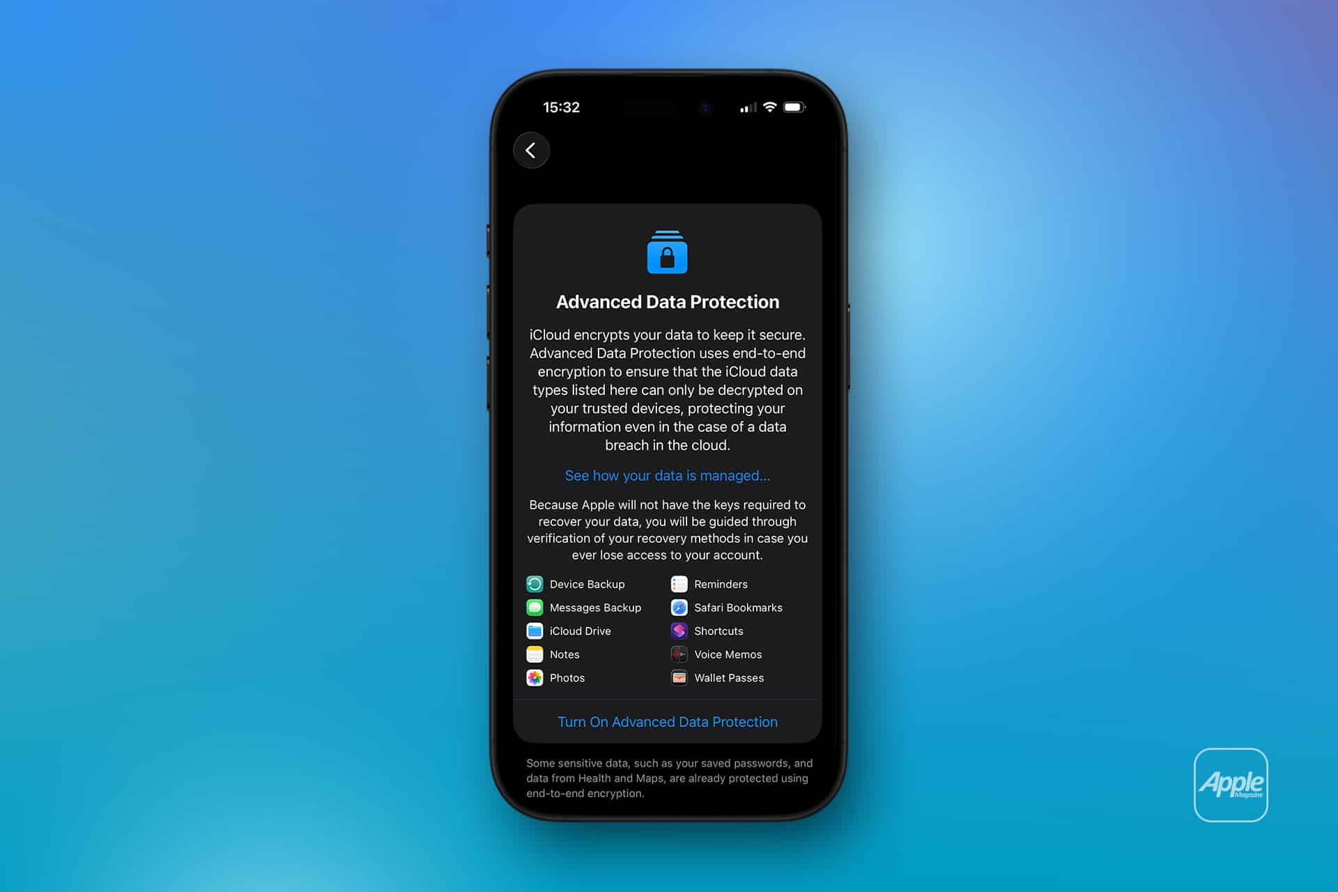 A smartphone screen displays Apple's "Advanced Data Protection" feature, highlighting encrypted data types like iCloud Backup, Messages, and Safari Bookmarks. The background features a blue gradient with a faint Apple logo.