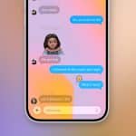 A smartphone screen displays an iMessage conversation featuring iOS 26 Messages with a colorful gradient background. The chat shows blue and gray bubbles, an animated emoji, and a yellow flower emoji. The Apple logo appears in the bottom right corner.