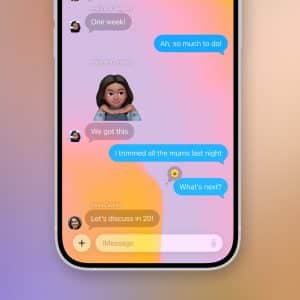 A smartphone screen displays an iMessage conversation featuring iOS 26 Messages with a colorful gradient background. The chat shows blue and gray bubbles, an animated emoji, and a yellow flower emoji. The Apple logo appears in the bottom right corner.