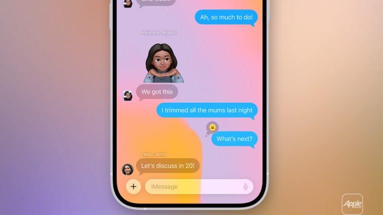 A smartphone screen displays an iMessage conversation featuring iOS 26 Messages with a colorful gradient background. The chat shows blue and gray bubbles, an animated emoji, and a yellow flower emoji. The Apple logo appears in the bottom right corner.
