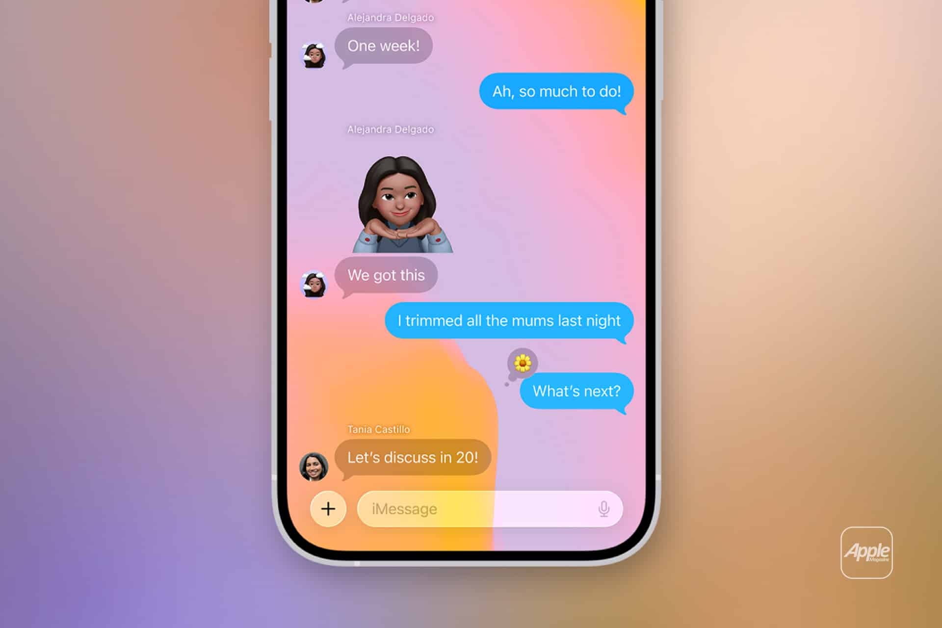 iOS 26.5 security - A smartphone screen displays an iMessage conversation featuring iOS 26 Messages with a colorful gradient background. The chat shows blue and gray bubbles, an animated emoji, and a yellow flower emoji. The Apple logo appears in the bottom right corner.