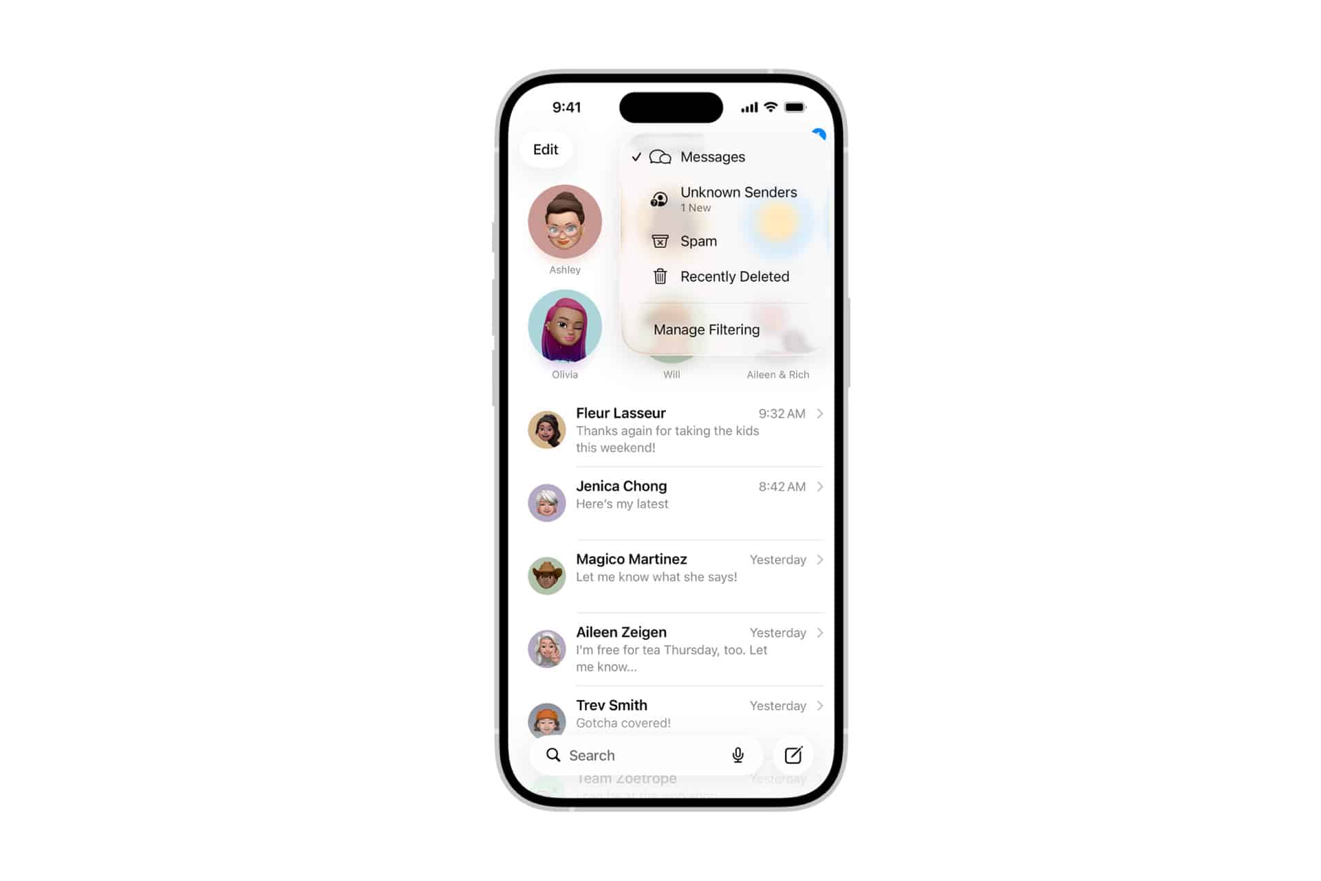 An iPhone screen displays the iOS 26 Messages inbox, featuring contacts, message previews, and filter options like Unknown Senders, Spam, and Recently Deleted in a dropdown menu.