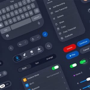 A collage of various dark-themed mobile interface elements, including keyboards, buttons, switches, and notification cards—all displayed in a modern, minimalistic design style with App Store compliance in mind.