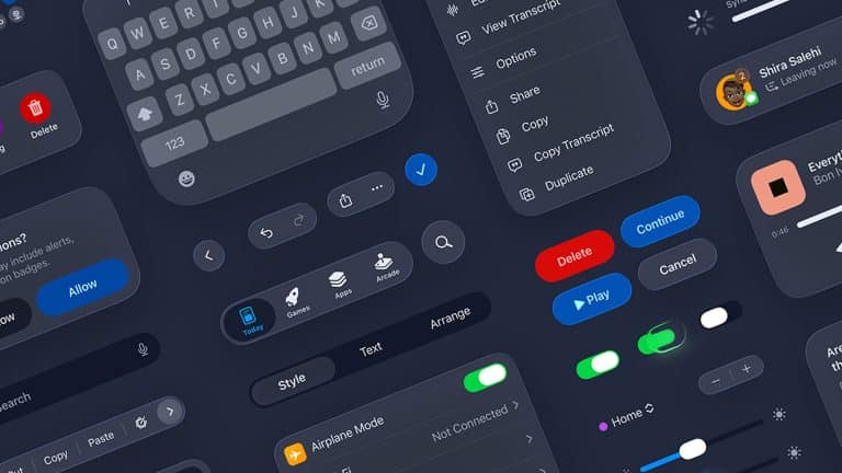 A collage of various dark-themed mobile interface elements, including keyboards, buttons, switches, and notification cards—all displayed in a modern, minimalistic design style with App Store compliance in mind.