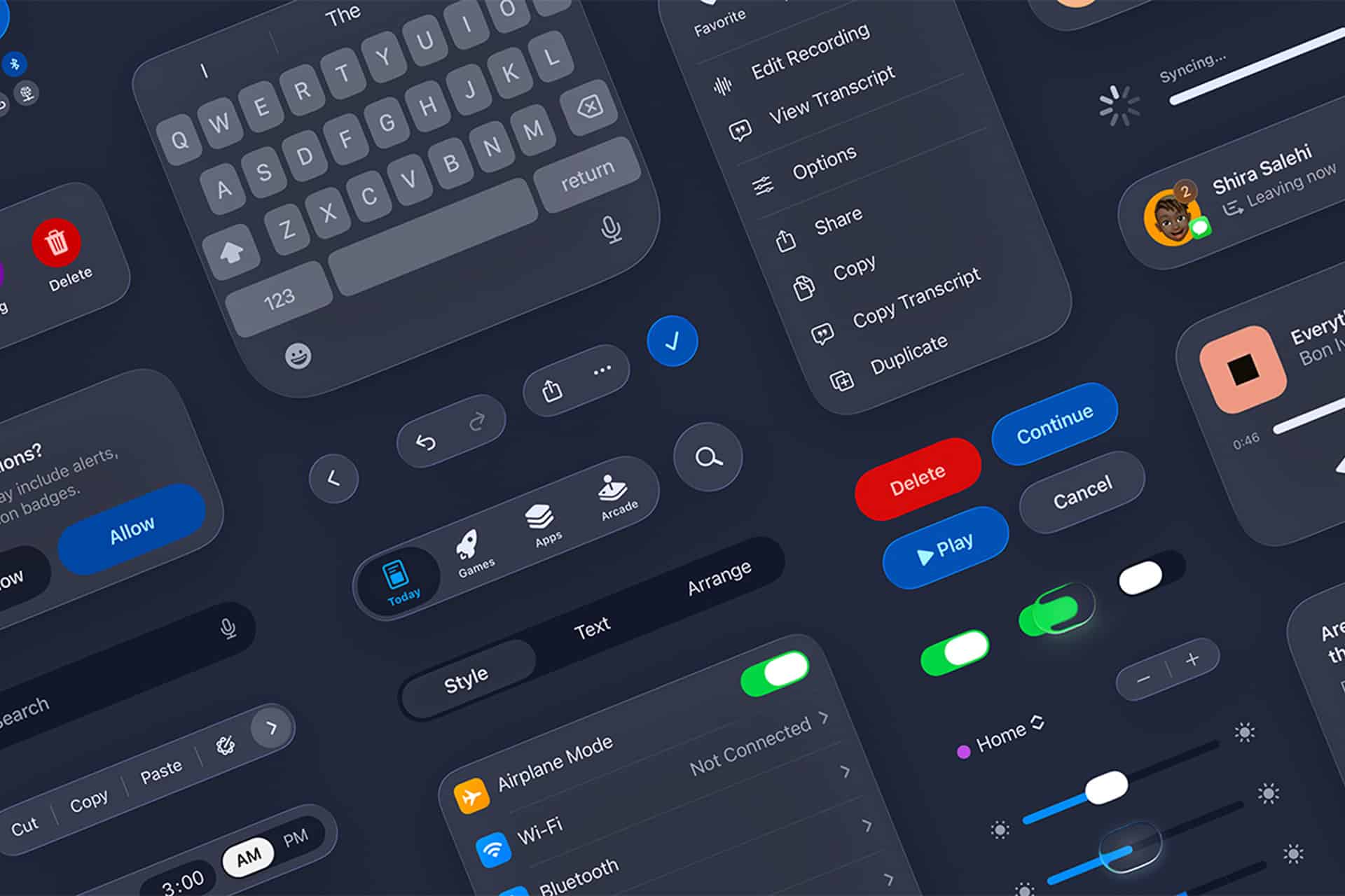 A collage of various dark-themed mobile interface elements, including keyboards, buttons, switches, and notification cards—all displayed in a modern, minimalistic design style with App Store compliance in mind.