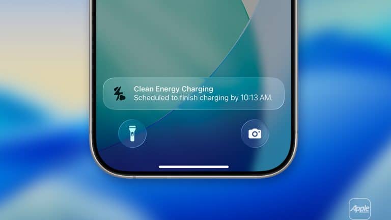 Close-up of an iPhone screen showing a notification for “Clean Energy Charging,” scheduled to finish by 10:13 AM. Flashlight and camera icons are visible on the lock screen, set against a blue and green background, highlighting iPhone clean energy features.