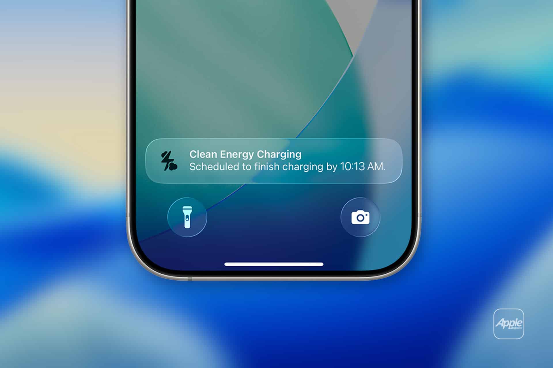 Close-up of an iPhone screen showing a notification for “Clean Energy Charging,” scheduled to finish by 10:13 AM. Flashlight and camera icons are visible on the lock screen, set against a blue and green background, highlighting iPhone clean energy features.