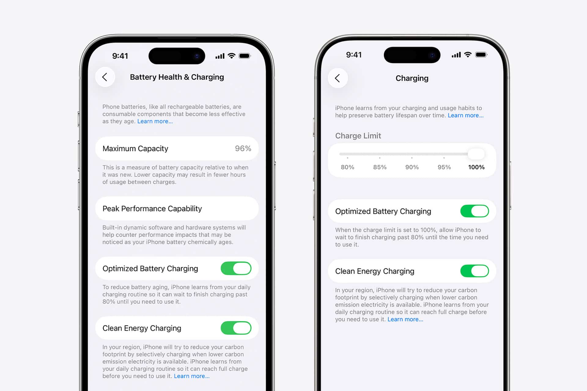 Two iPhones display Battery Health & Charging settings, featuring Maximum Capacity, Peak Performance Capability, Optimized Battery Charging, iPhone Clean Energy Charging, and a Charge Limit slider set at 100%.
