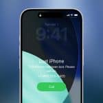 A smartphone screen displays a “Lost iPhone” message with a phone number and a green “Call” button, urging the finder to contact the owner. The time is 9:41 on Tuesday, April 1, showcasing iPhone Stolen Device Protection in action.