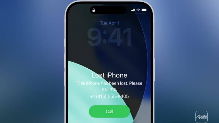 A smartphone screen displays a “Lost iPhone” message with a phone number and a green “Call” button, urging the finder to contact the owner. The time is 9:41 on Tuesday, April 1, showcasing iPhone Stolen Device Protection in action.