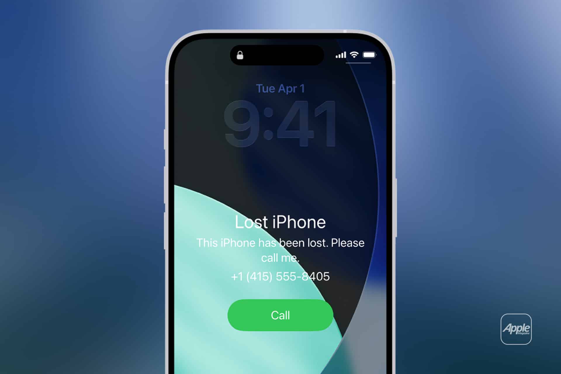 A smartphone screen displays a “Lost iPhone” message with a phone number and a green “Call” button, urging the finder to contact the owner. The time is 9:41 on Tuesday, April 1, showcasing iPhone Stolen Device Protection in action.