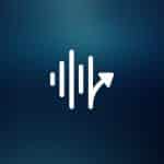 A white stylized icon combining vertical soundwave bars and an upward arrow on a blue gradient background, representing iPhone Vocal Shortcuts, with a small gray Apple logo in the lower right corner.