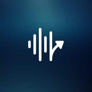 A white stylized icon combining vertical soundwave bars and an upward arrow on a blue gradient background, representing iPhone Vocal Shortcuts, with a small gray Apple logo in the lower right corner.