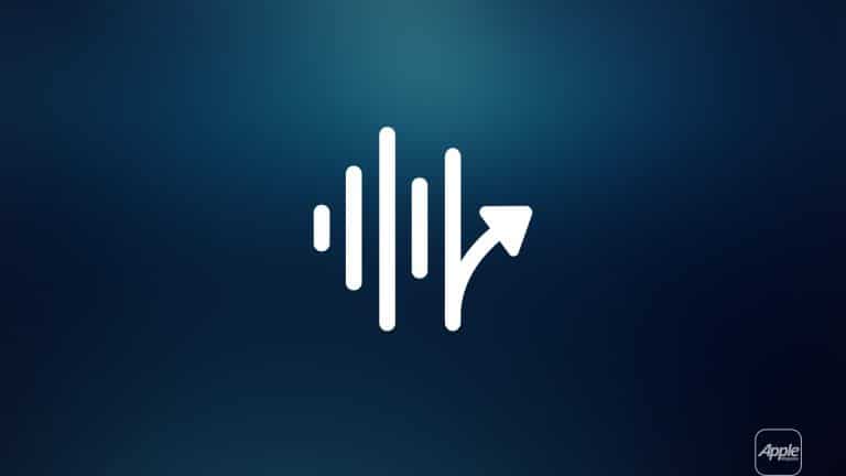 A white stylized icon combining vertical soundwave bars and an upward arrow on a blue gradient background, representing iPhone Vocal Shortcuts, with a small gray Apple logo in the lower right corner.