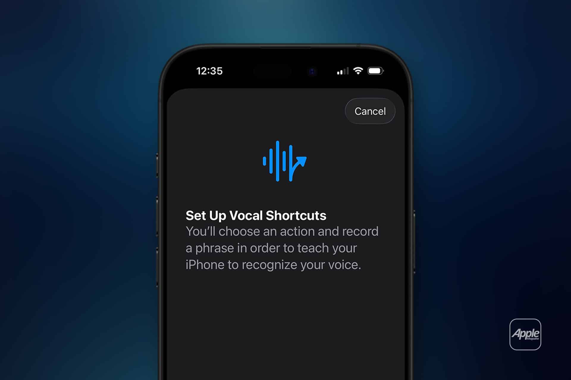 A smartphone screen displays an iPhone Vocal Shortcuts setup, guiding you to choose an action and record a phrase so your voice is recognized. The dark background features a blue soundwave icon.