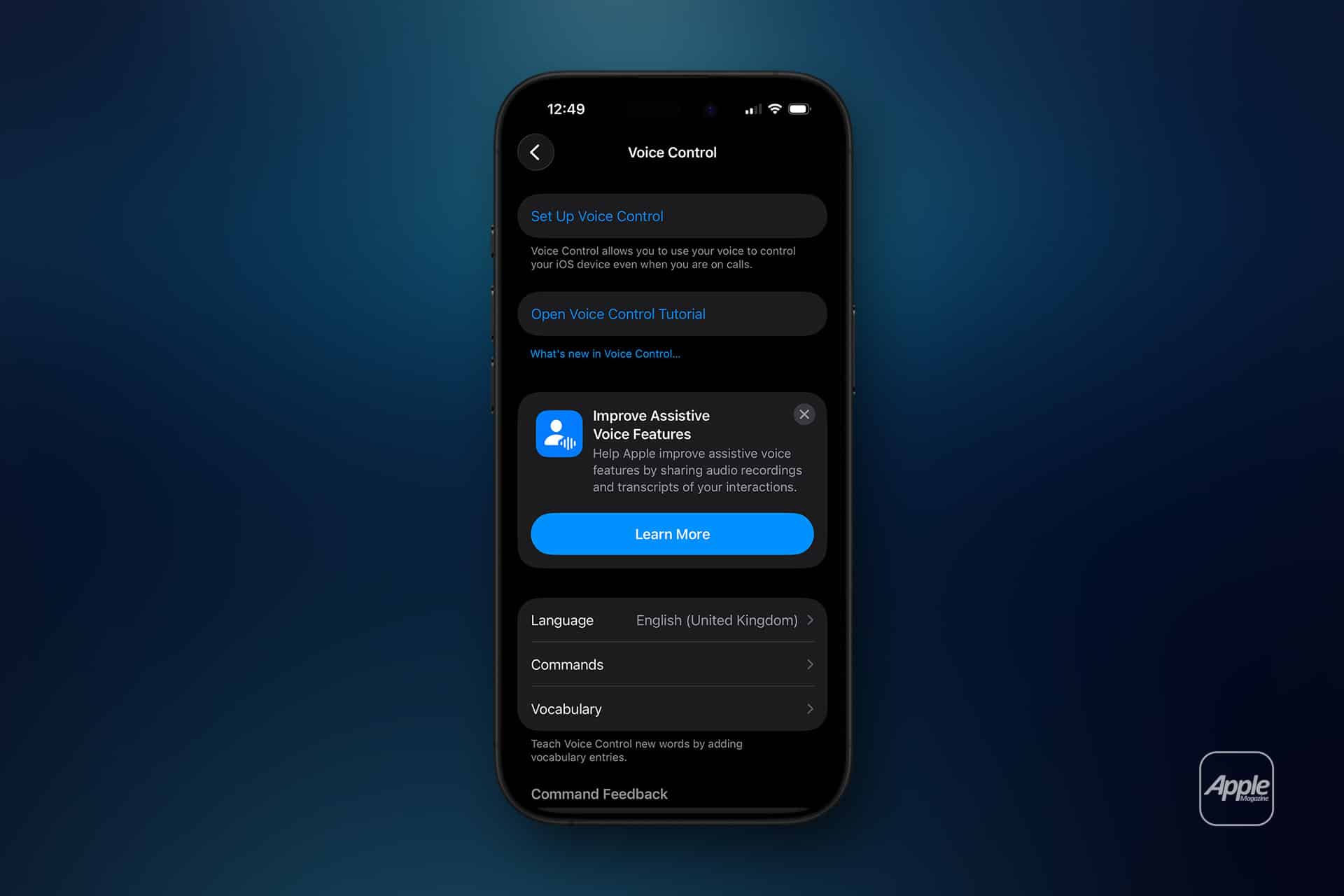 A smartphone displays the Voice Control settings screen, highlighting "Improve Assistive Voice Features" and iPhone Vocal Shortcuts with a blue "Learn More" button. The background is a dark blue gradient with a faint Apple logo in the corner.