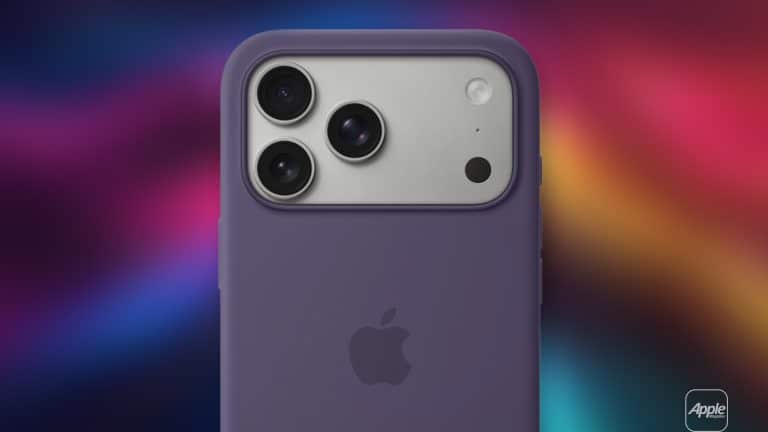 A close-up of the back of a purple Apple iPhone with three cameras and a flash in a purple MagSafe case, set against a colorful, blurred background with the Apple logo visible.