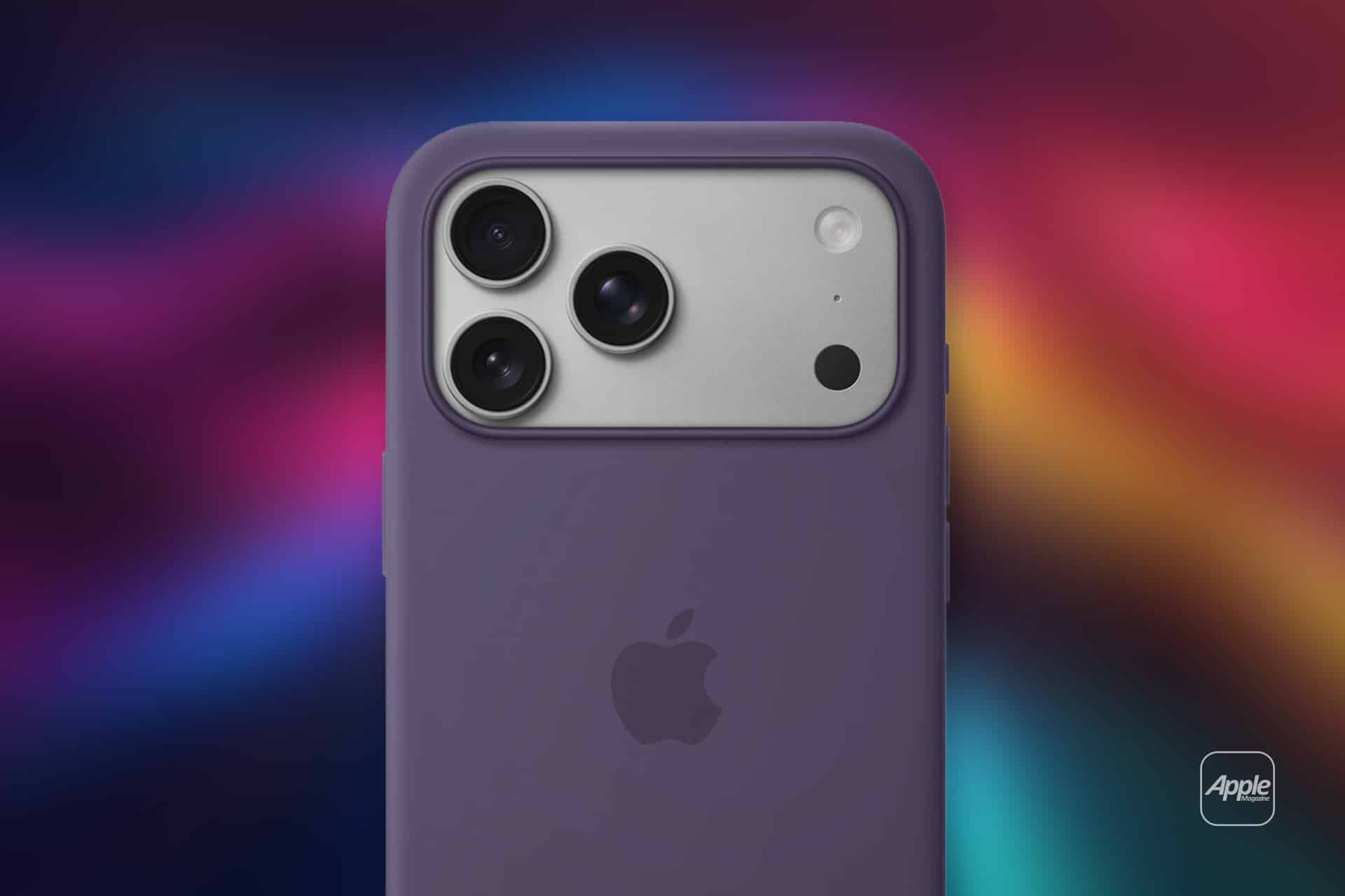 A close-up of the back of a purple Apple iPhone with three cameras and a flash in a purple MagSafe case, set against a colorful, blurred background with the Apple logo visible.
