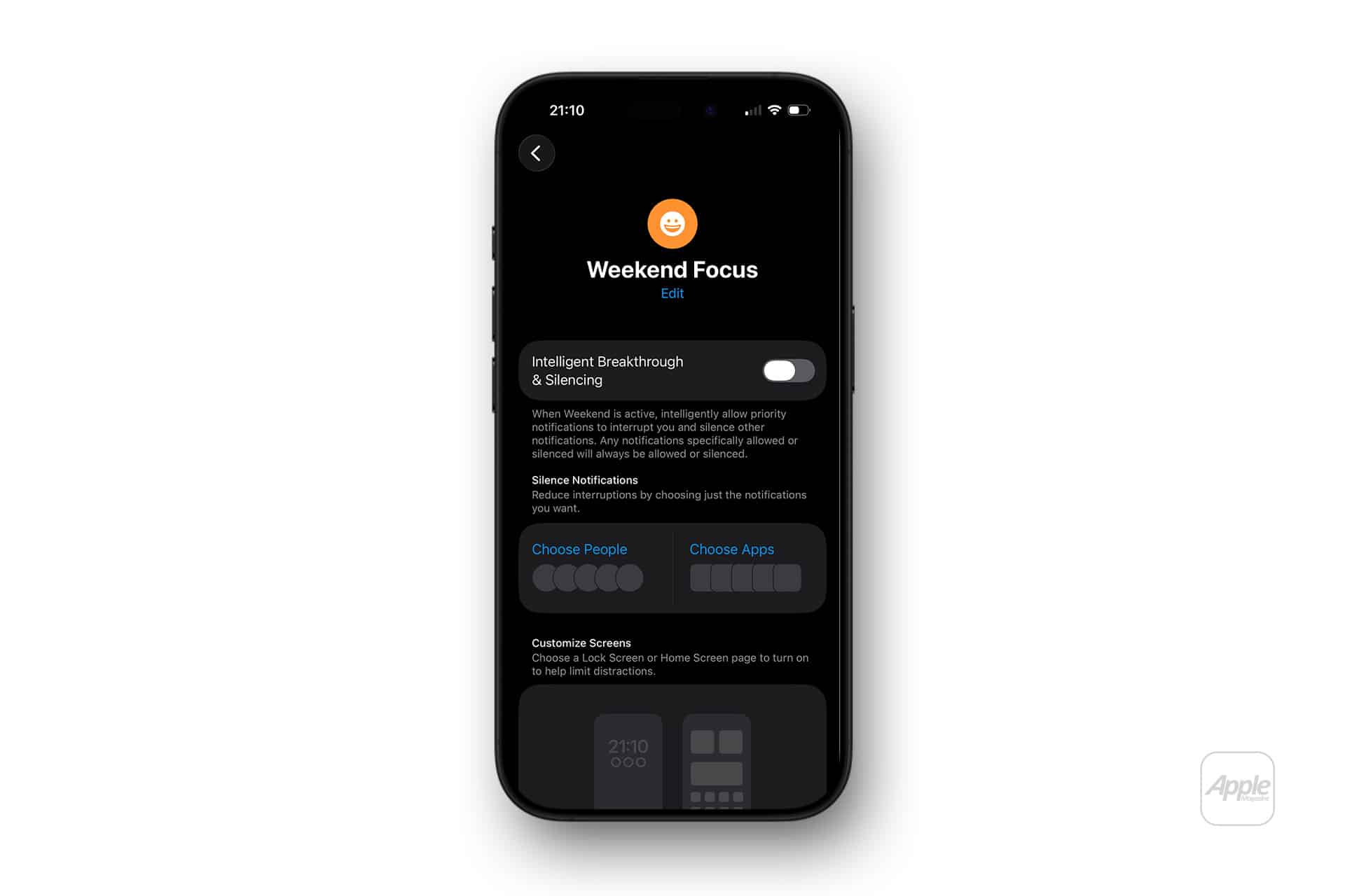Weekend Mood With Focus - A smartphone screen displays the “Weekend Mood With Focus” settings in dark mode, showing intelligent notification filtering, silencing notifications, and options to choose people or apps allowed during focus mode.