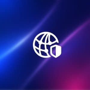 A white globe icon with a shield, representing Private Relay, overlaps a blue and pink gradient background. The Apple logo is in the lower right corner.