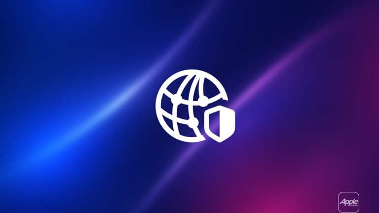 A white globe icon with a shield, representing Private Relay, overlaps a blue and pink gradient background. The Apple logo is in the lower right corner.