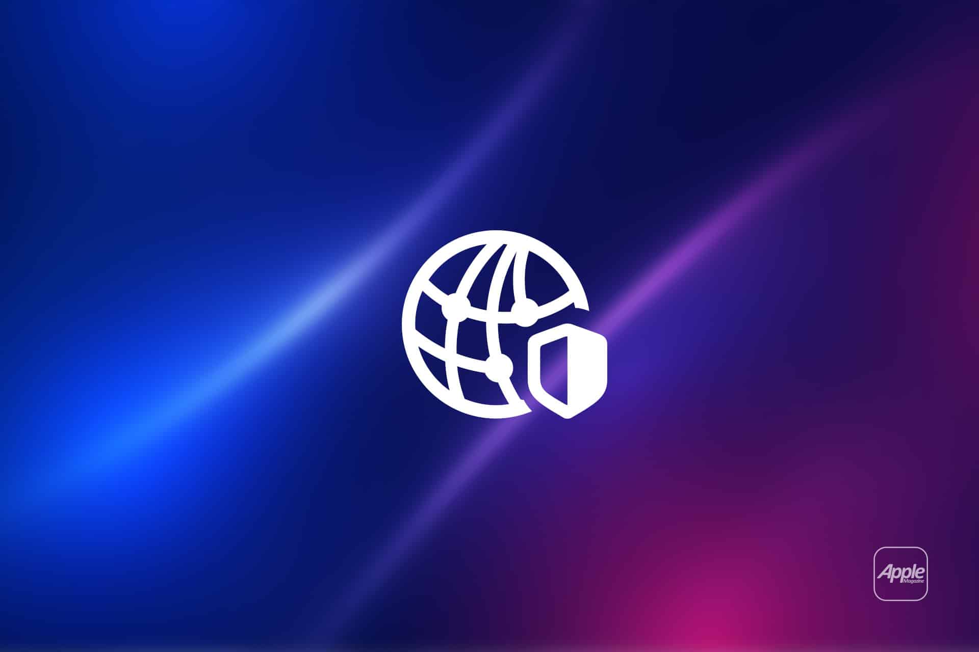 A white globe icon with a shield, representing Private Relay, overlaps a blue and pink gradient background. The Apple logo is in the lower right corner.