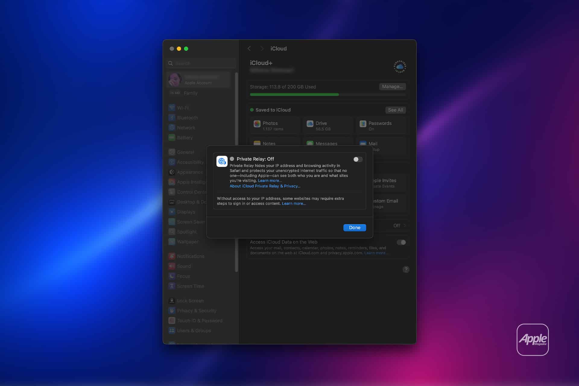 A Mac screen displays an iCloud settings window with a pop-up alert about Private Relay being off. The background features a blue and pink gradient, with a small Apple logo in the bottom right corner highlighting Private Relay's importance.