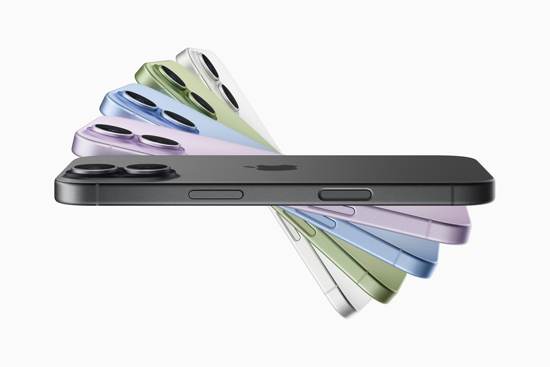 Several iPhones are shown in a fan arrangement, displaying different colors including black, green, yellow, pink, blue, and white—highlighting the vibrant options driving strong iPhone 17 demand. The rear camera and side buttons are also visible.