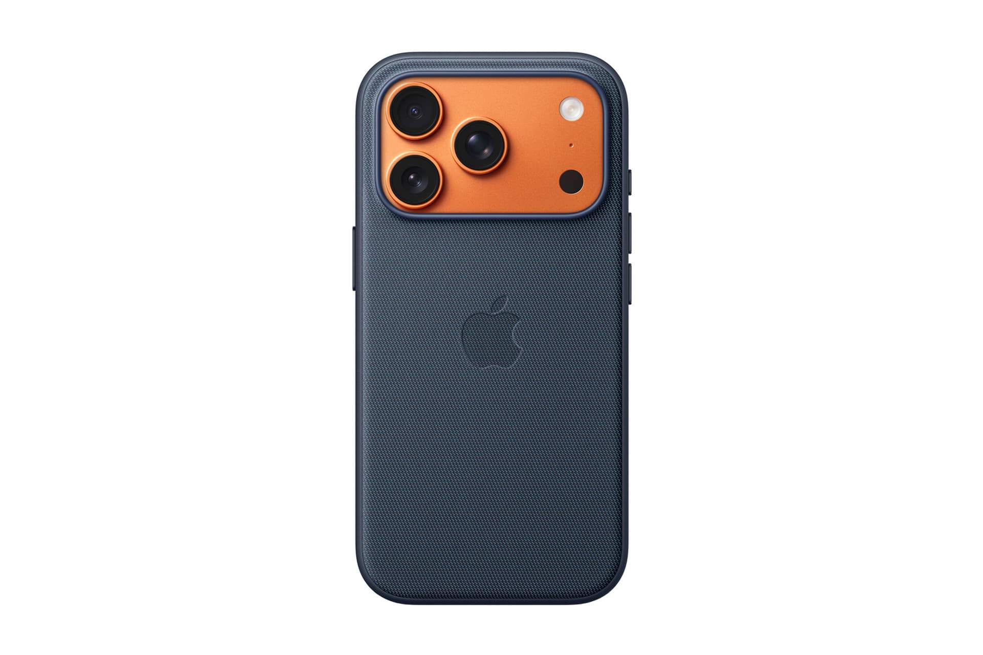 A blue iPhone with a textured case from Apple accessories and an orange camera module featuring three lenses and a flash, viewed from the back against a white background.
