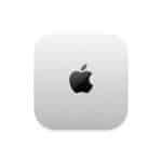 A silver Apple Mac mini computer viewed from above, featuring a smooth, rounded square design with a black Apple logo centered on the top surface, set against a white background—an elegant device renowned for its value and competitive Mac mini price.