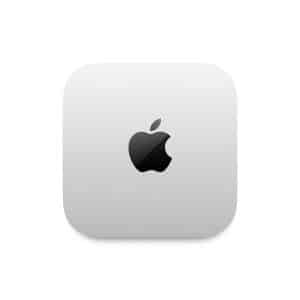 A silver Apple Mac mini computer viewed from above, featuring a smooth, rounded square design with a black Apple logo centered on the top surface, set against a white background—an elegant device renowned for its value and competitive Mac mini price.