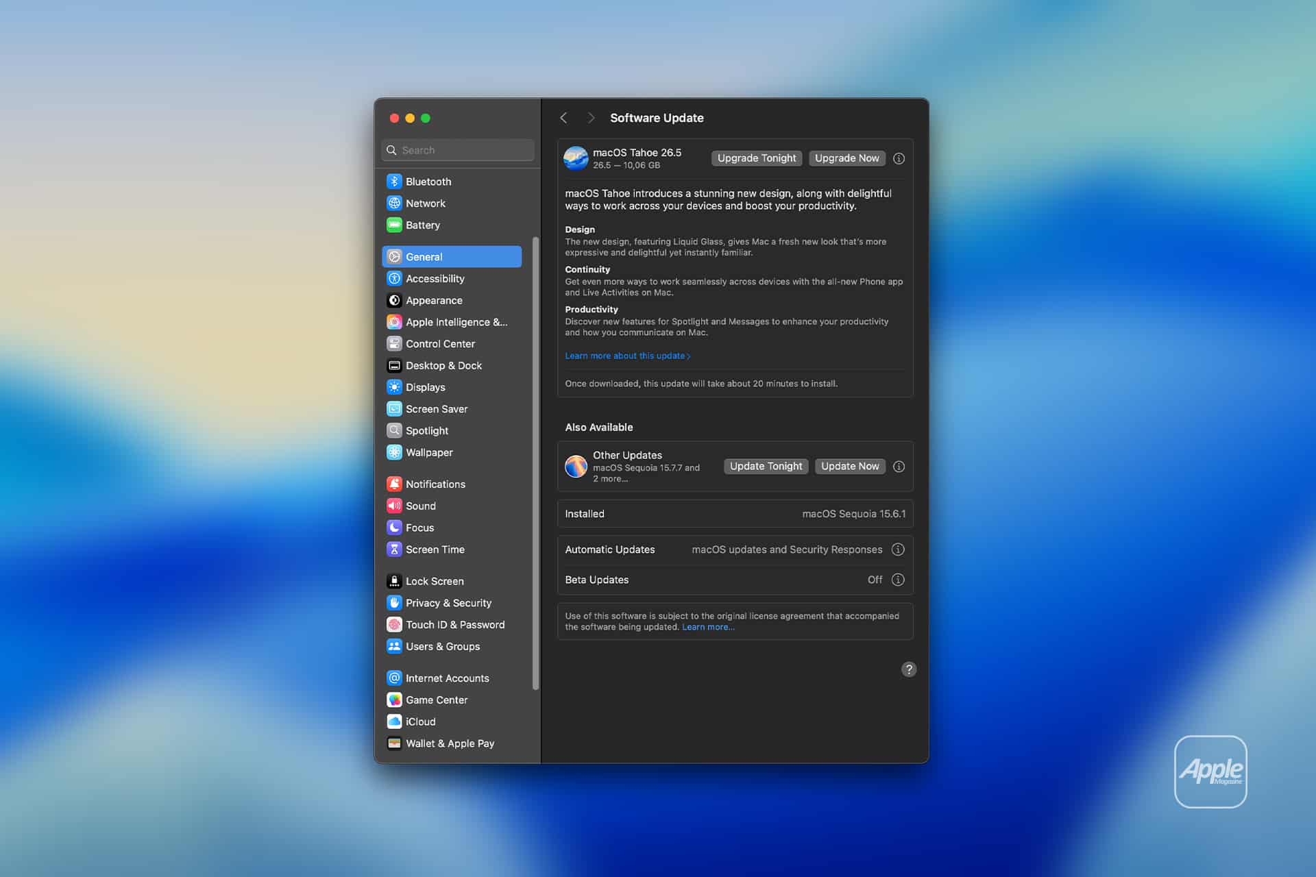 A Mac computer screen displaying the Software Update window with macOS Sonoma 14.5 available for upgrade. The left sidebar lists system settings, highlighting the latest Apple updates, and an Apple logo watermark appears on the bottom right.