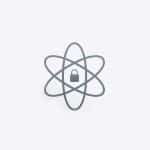 A gray atom symbol with overlapping ellipses is centered on a light background, featuring a closed padlock icon at its core, representing Apple quantum security or secure technology.