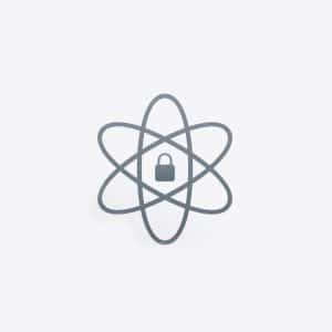 A gray atom symbol with overlapping ellipses is centered on a light background, featuring a closed padlock icon at its core, representing Apple quantum security or secure technology.