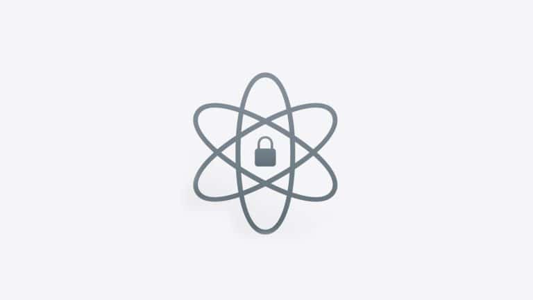 A gray atom symbol with overlapping ellipses is centered on a light background, featuring a closed padlock icon at its core, representing Apple quantum security or secure technology.