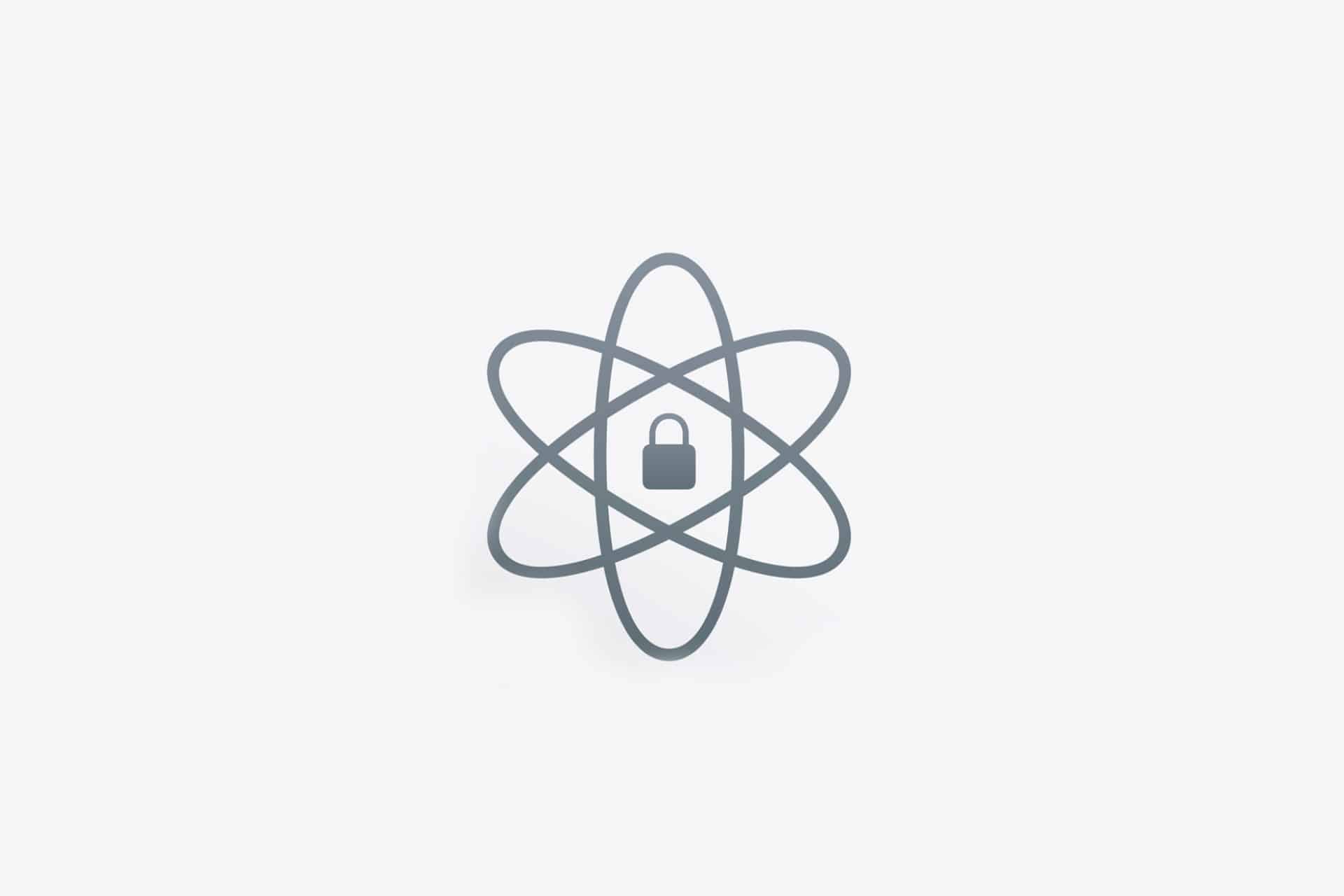 A gray atom symbol with overlapping ellipses is centered on a light background, featuring a closed padlock icon at its core, representing Apple quantum security or secure technology.