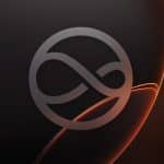 A dark abstract background with glowing orange lines and a large silver infinity loop symbol in the center, inspired by Siri iOS 27. The Apple logo is displayed in a small rounded square at the bottom right corner.