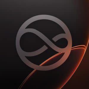 A dark abstract background with glowing orange lines and a large silver infinity loop symbol in the center, inspired by Siri iOS 27. The Apple logo is displayed in a small rounded square at the bottom right corner.