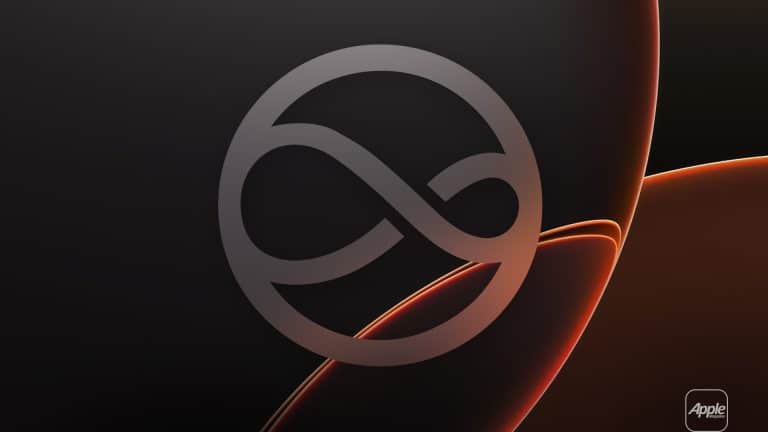 A dark abstract background with glowing orange lines and a large silver infinity loop symbol in the center, inspired by Siri iOS 27. The Apple logo is displayed in a small rounded square at the bottom right corner.