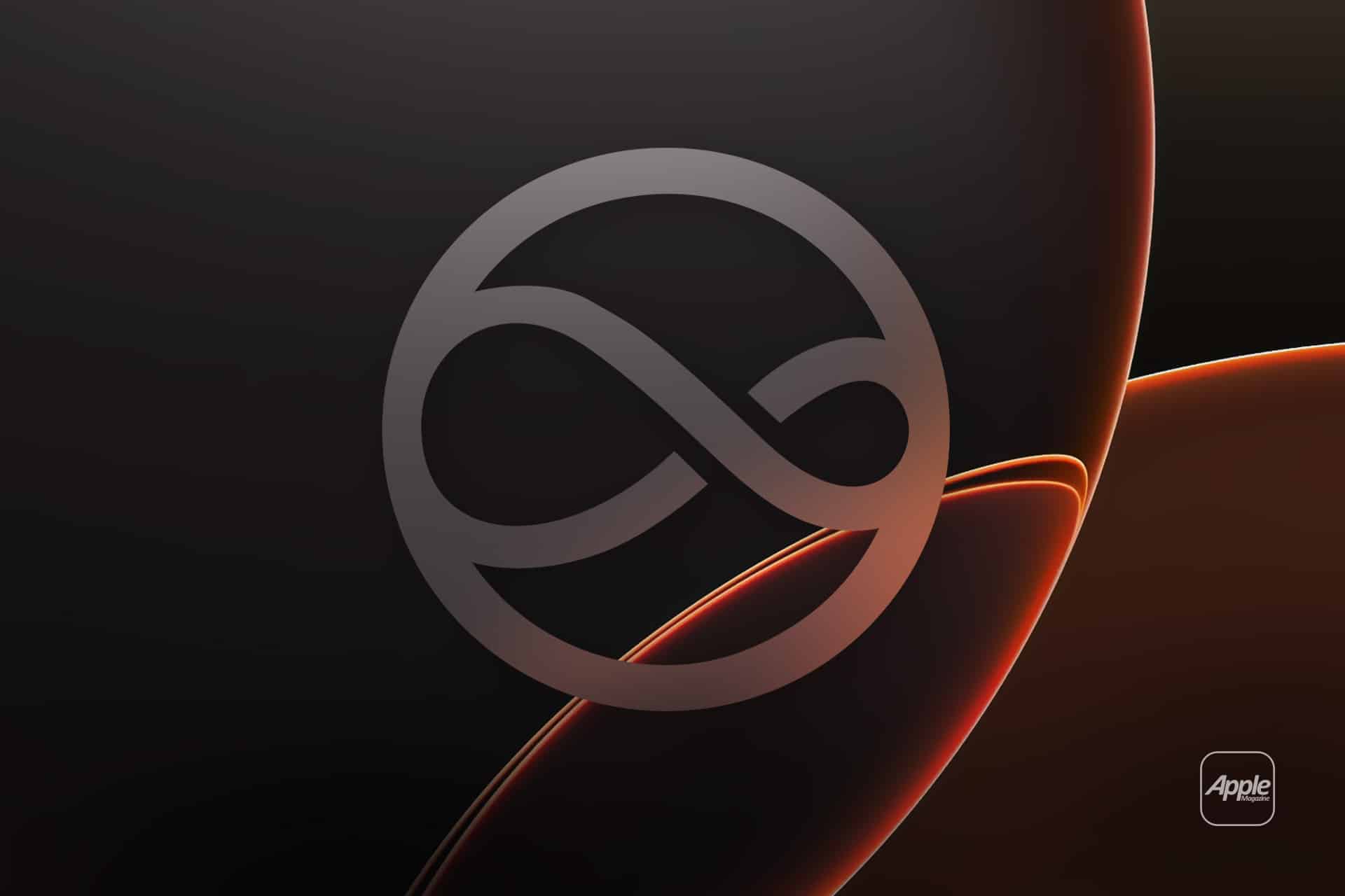 A dark abstract background with glowing orange lines and a large silver infinity loop symbol in the center, inspired by Siri iOS 27. The Apple logo is displayed in a small rounded square at the bottom right corner.