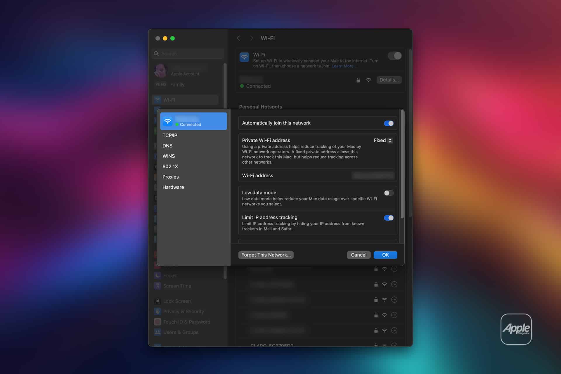 A screenshot of the Mac Wi-Fi settings on a macOS computer, highlighting advanced options like Mac Private Wi-Fi address, low data mode, and IP tracking, with a colorful blurred background and an Apple logo in the bottom right corner.