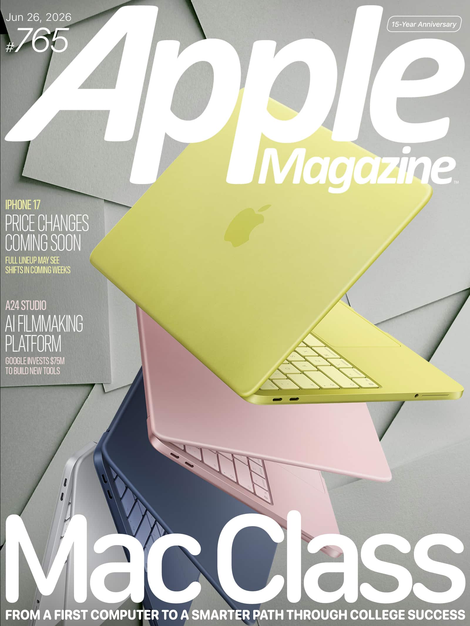 Four pastel-colored Apple MacBook laptops (yellow, pink, blue, and silver) are stacked in mid-air on the cover of Apple Magazine. The headline reads "Mac Class" with smaller headlines about iPhone 17 and filmmaking platforms.