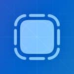 A rounded square icon with dashed edges is centered on a blue gradient background with grid and guide lines, evoking an iPhone App Clips design template for seamless Apple Pay integration.