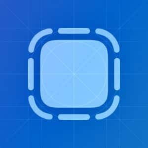 A rounded square icon with dashed edges is centered on a blue gradient background with grid and guide lines, evoking an iPhone App Clips design template for seamless Apple Pay integration.