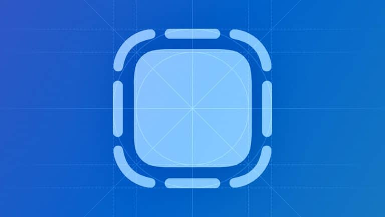 A rounded square icon with dashed edges is centered on a blue gradient background with grid and guide lines, evoking an iPhone App Clips design template for seamless Apple Pay integration.
