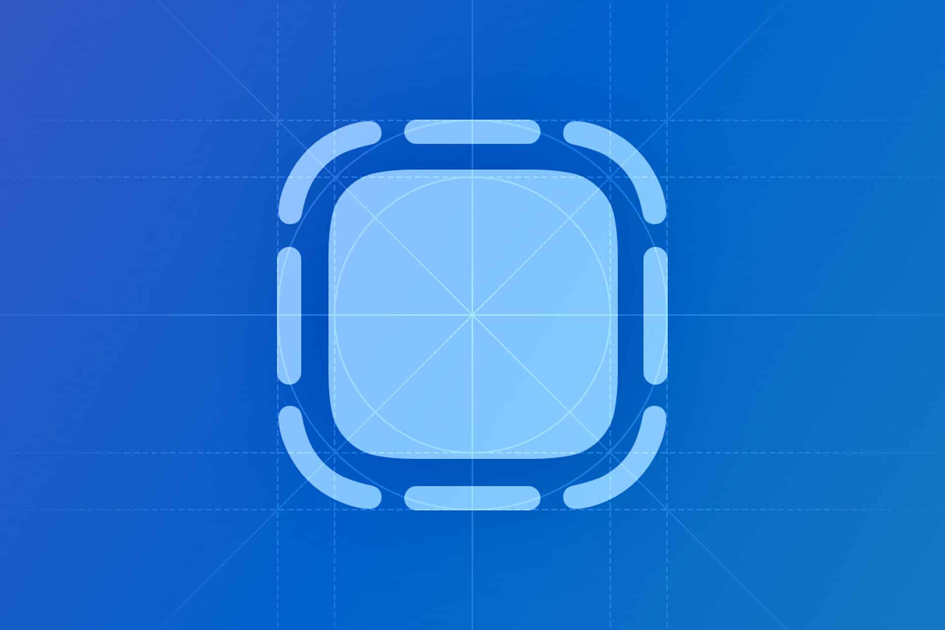 A rounded square icon with dashed edges is centered on a blue gradient background with grid and guide lines, evoking an iPhone App Clips design template for seamless Apple Pay integration.