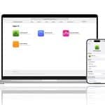 A laptop and a smartphone display a developer dashboard with App Store details, colorful app icons, and an App Review summary for an app called Forest Explorer. The background is white and minimalistic.