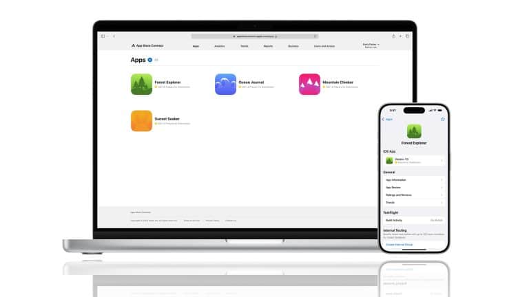 A laptop and a smartphone display a developer dashboard with App Store details, colorful app icons, and an App Review summary for an app called Forest Explorer. The background is white and minimalistic.
