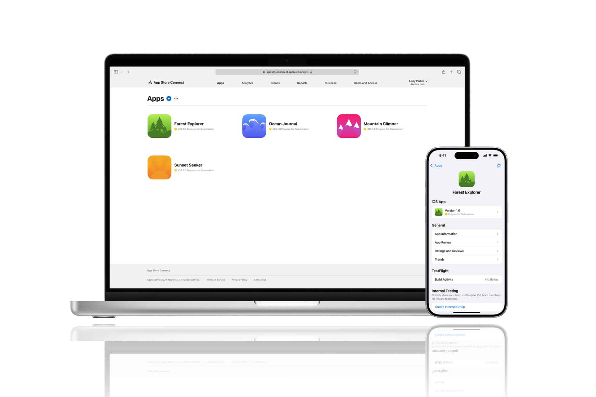 A laptop and a smartphone display a developer dashboard with App Store details, colorful app icons, and an App Review summary for an app called Forest Explorer. The background is white and minimalistic.