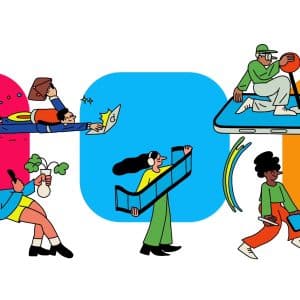 Colorful illustration of five people: one flying with books, one holding a lightbulb, one kayaking on a giant smartphone, and more—all against vibrant geometric backgrounds, celebrating the creativity of Apple developers in the App Store economy.